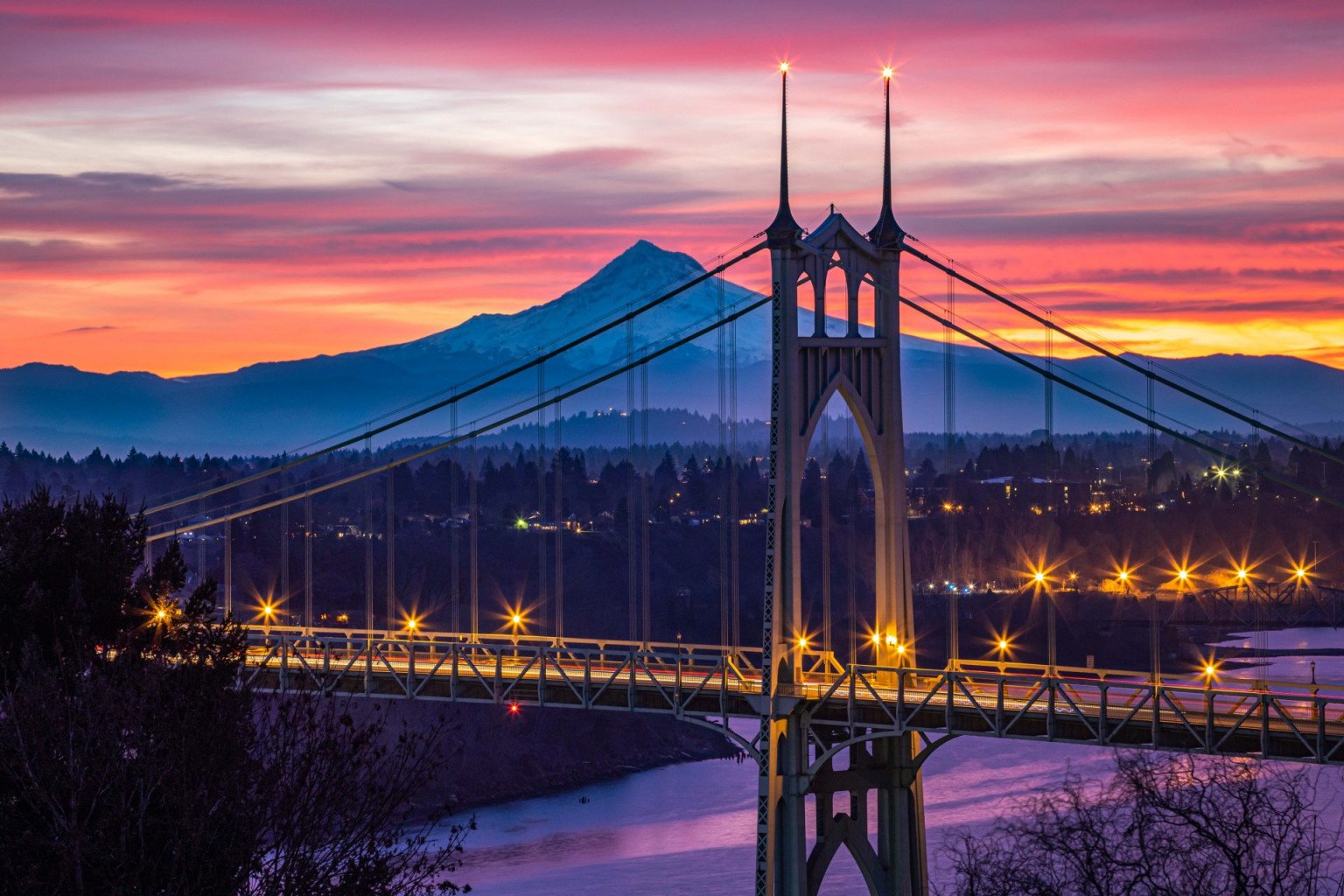 Mountain Landscape Photography, Saint John's Bridge, Portland Oregon at Sunset with Mt Hood behind by Oregon Landscape Photographer Kristar Burton
